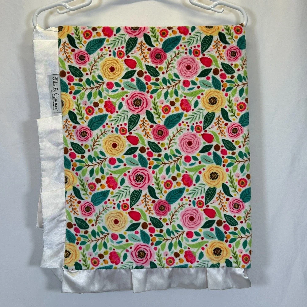 Minky Couture Baby Blanket Infant 38x32 Satin Ruffle Flowers Pink Posh Gift Boho